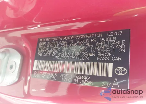 2007 Toyota Yaris z USA, uszkodzony, nr VIN JTDJT923075110874